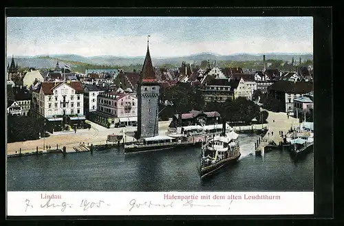 Relief-AK Lindau, Hafenpartie mit altem Leuchtthurm und Dampfer