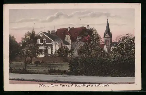 AK Velten i. M., Partie in der Schul-Strasse mit katholischer Kirche