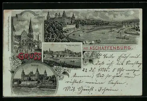 Mondschein-Lithographie Aschaffenburg, Ortsansicht vom Pompejanum, Ortsansicht mit Mainbrücke, Stiftskirche