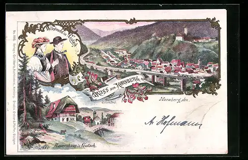 Lithographie Hornberg, Ortsansicht, Bauernhaus in Gutach, Volkstrachten
