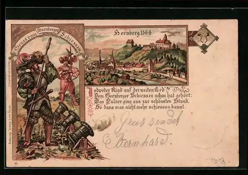 Lithographie Hornberg, Hornberger Schiessen, Ortsansicht 1564, Wappen