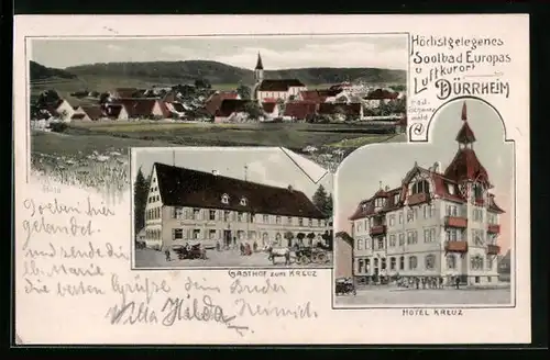 Lithographie Dürrheim, Gasthof zum Kreuz, Hotel Kreuz, Totalansicht