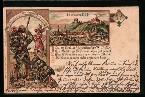 Lithographie Hornberg, Hornberger Schiessen, Ortsansicht im Jahre 1564, Wappen