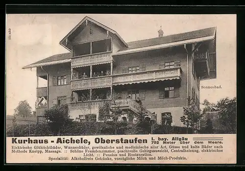 AK Oberstaufen /Allg., Pension Kurhaus Aichele, Ansicht mit Gästen auf Balkonen
