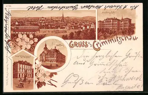 Lithographie Crimmitschau, Ortsansicht, Knabenschule, Kaufhalle und Denkmal