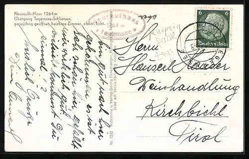 AK Neureuth, Ansicht mit Raupen-Auto und Bergpanorama