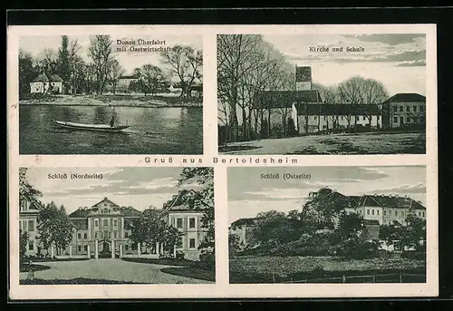 AK Bertoldsheim, Donau Überfahrt mit Gasthaus, Kirche und Schule, Schloss