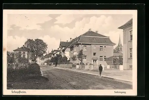 AK Schopfheim, Südeingang, Strassenpartie mit Kirche