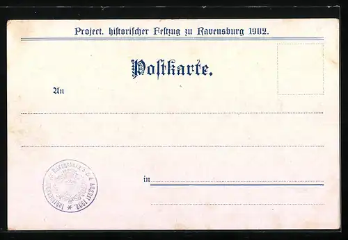 AK Ravensburg, Project. histor. Festzug 1902, No. 15, Patriziergesellschaft zum Esel um 1400 mit Gelehrten & Künstlern