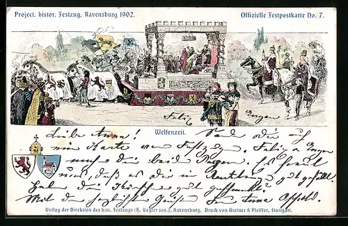 Künstler-AK Ravensburg, Project. historischer Festzug 1902, Welfenzeit, Wappen, Festpostkarte No. 7