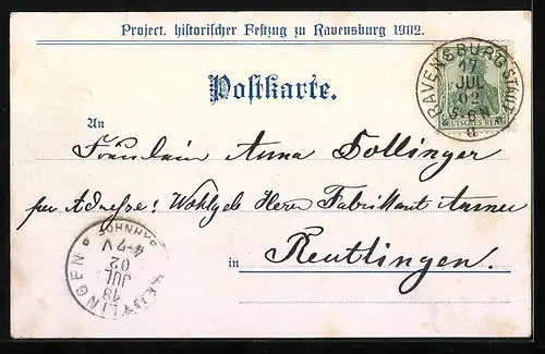 Künstler-AK Ravensburg, Project. historischer Festzug 1902, Welfenzeit, Wappen, Festpostkarte No. 7