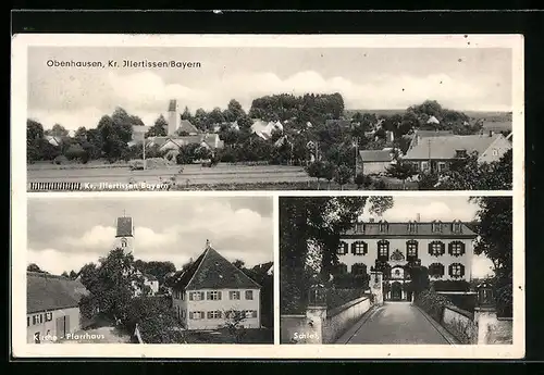 AK Obenhausen /Kr. Illertissen /Bay., Kirche und Pfarrhaus, Schloss und Ortspanorama