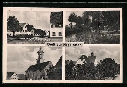 AK Hegelhofen, Strassenpartie, Schwanenteich, Kirche