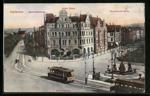 AK Heilbronn, Bahnhofstrasse und Rosskampfstrasse mit Hotel Royal aus der Vogelschau