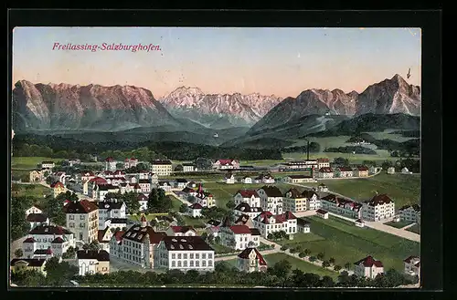 Künstler-AK Freilassing-Salzburghofen, Totalansicht mit Gebirgskette