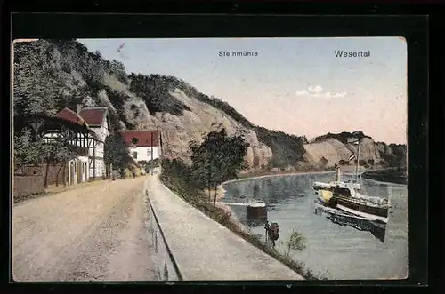 AK Steinmühle /Weser, Ortspartie und Dampfer