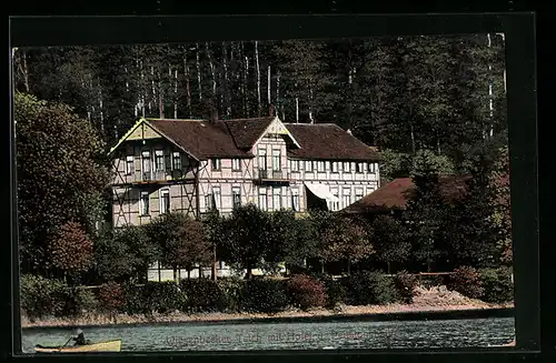 AK Wiesenbecker Teich, Blick auf das Hotel und Pensionshaus