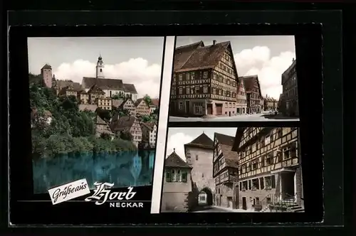 AK Horb am Neckar, alte Fachwerkhäuser, Blick zur Kirche