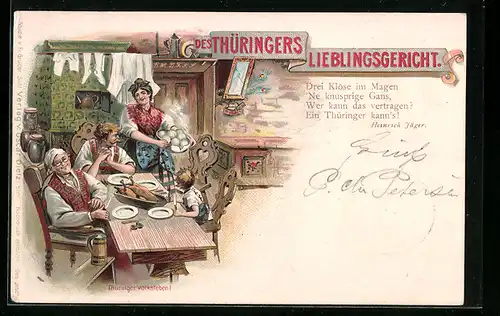 Lithographie Des Thüringers Lieblingsgericht, Klösse und Entenbraten, thüringische Tracht