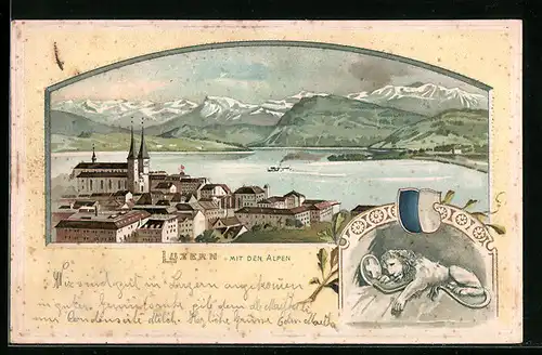 Passepartout-Lithographie Luzern, Ortsansicht mit den Alpen, Wappen und Löwe
