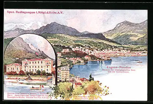 AK Lugano-Paradiso, Pension Villa Carmen & Riviera, Centrum der oberitalienischen Seen und der Gotthardroute