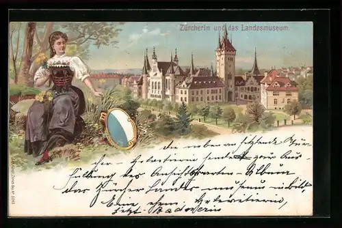 Lithographie Zürich, Zürcherin und das Landesmuseum, Frau in Tracht mit Wappen