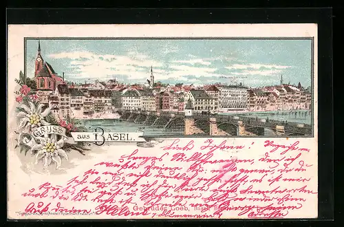 Lithographie Basel, Hotel des Troie Rois mit Ortsansicht