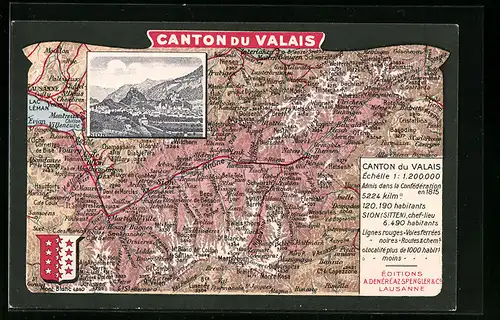 AK Sion, Ortsansicht und Landkarte von Valais, Wappen