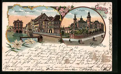 Lithographie Zürich, Rathaus und Rathausquai, Tonhalle