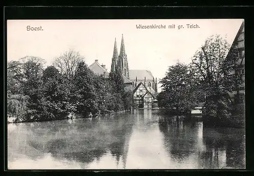 AK Soest, Wiesenkirche mit grossen Teich