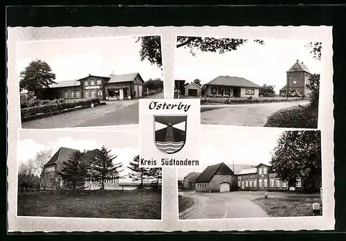 AK Osterby /Kreis Südtondern, versch. Ansichten aus dem Ort mit Wappen