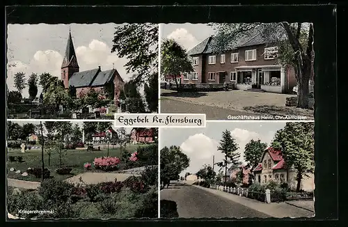 AK Eggebek /Kr. Flensburg, Geschäftshaus Heinr. Chr. Asmussen, Kriegerehrenmal und Kirche