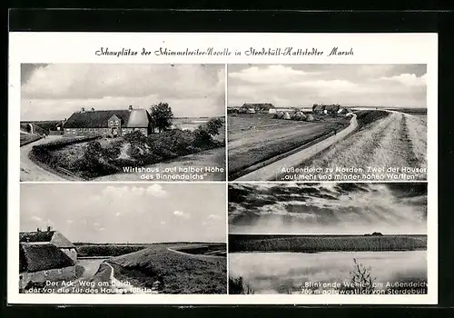 AK Sterdebüll-Hattstedter Marsch, Schauplätze Schimmelreiter-Novelle, u. a. Wirtshaus auf halber Höhe d. Binnendeichs
