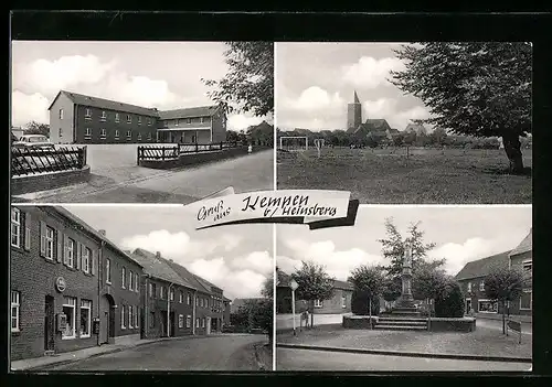 AK Kempen b. Heinsberg, Strassenpartie mit Geschäften, Ortspartie mit Kühen, Denkmal