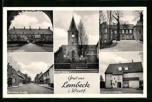 AK Lembeck i. Westf., Schlossansicht, Kath. Kirche, Michaelis-Stift, Wulfener Strasse, Jugendherberge