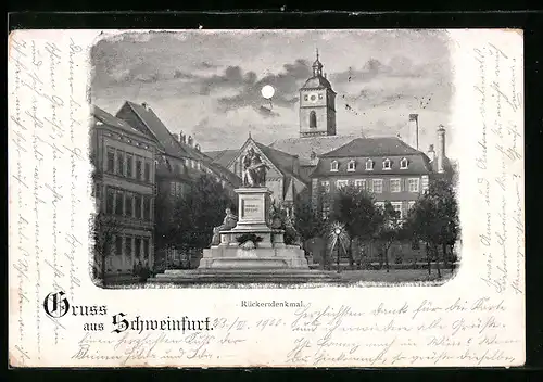 Mondschein-AK Schweinfurt, Rückertdenkmal im Vollmondlicht