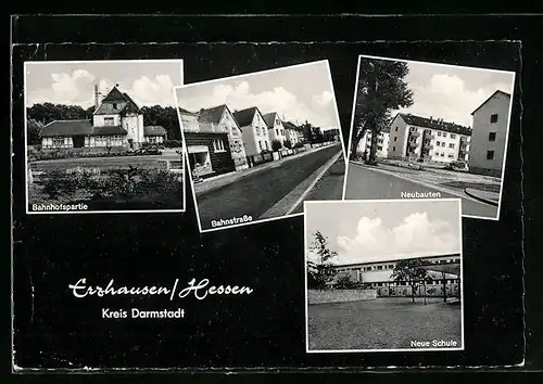 AK Erzhausen /Hessen, Bahnhofspartie, Bahnstrasse, Neubauten, Neue Schule