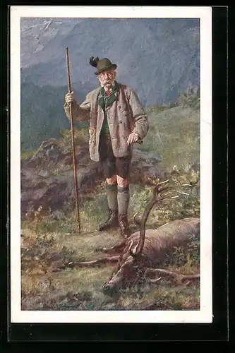 Künstler-AK Wien, I. Int. Jagd-Ausstellung 1910, Kaiser Franz Josef I. von Österreich mit erlegtem Hirsch