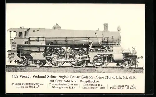 AK 1C2 Viercyl. Verbund-Schnellzuglok. Bauart Gölsdorf, Serie 210, österreichische Eisenbahn