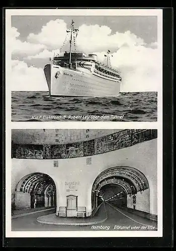 AK KdF Elektroschiff Robert Ley über dem Elbtunnel