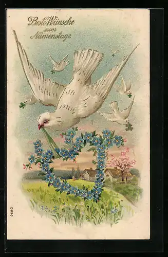 Präge-AK Weisse Schwalbe trägt Herz aus Vergissmeinnicht