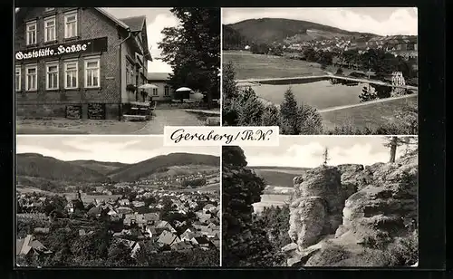 AK Geraberg im Th. Wald, Ortstotale, die Gaststätte Hasse, am Freibad, Felsformation