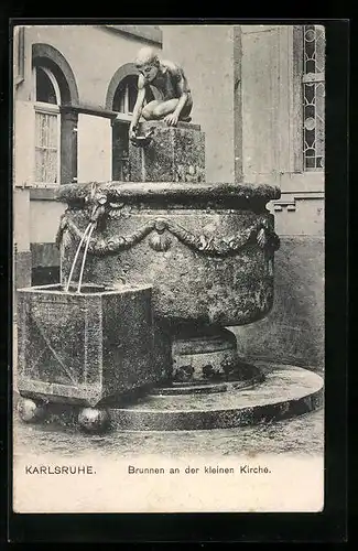 AK Karlsruhe, Brunnen an der kleinen Kirche