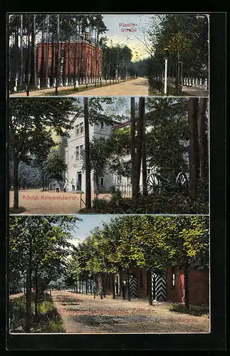 AK Zeithain, Strassenpartien mit Generalsbaracke und Königl. Kommandantur