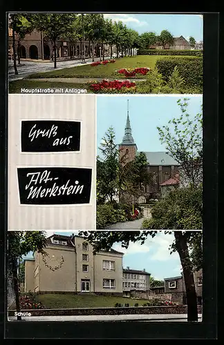 AK Merkstein, Hauptstrasse mit Anlagen, Kirche, Schule