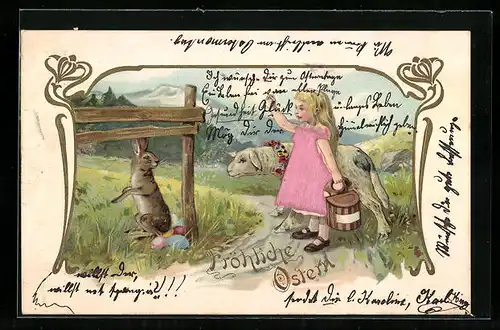 AK Mädchen begrüsst Osterhasen