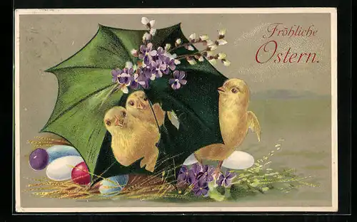 AK Osterküken mit Schirm, Fröhliche Ostern