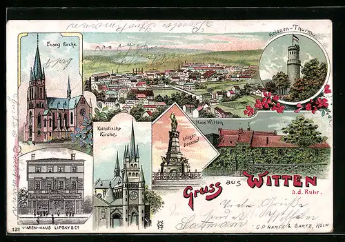 Lithographie Witten a. d. Ruhr, Warenhaus Lipsky & Co., Kriegerdenkmal, Helenen-Turm