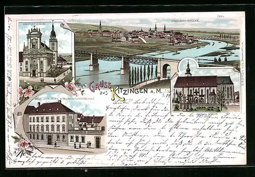 Lithographie Kitzingen am M., Eisenbahnbrücke, Protest. Kirche, Prot. Industrie- und Halshaltungsschule