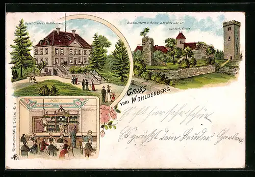 Lithographie Wohldenberg, Hotel-Schloss Wohldenberg, Innenansicht, Aussichtsturm und Ruine mit alter Katholischer Kirche